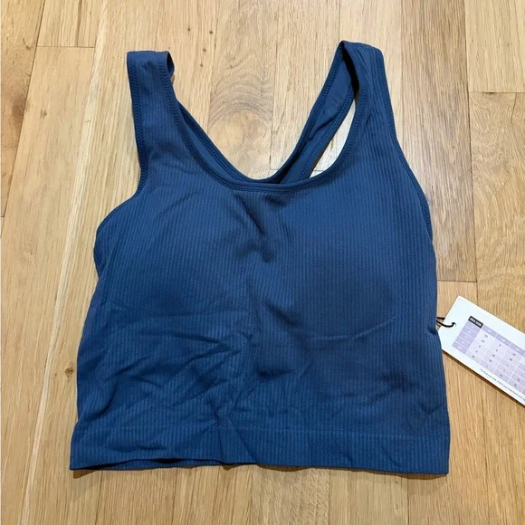 Women's Blue Ribbed workout top with Sports Bra - Picture 1 of 6